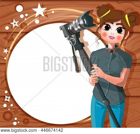 Girl With Camera And Tripod. White Circle For Text On Wood Background. Vector Illustration
