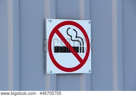 No Smoking Sign On Profiled Sheeting Wall, Concept Of Health Care, Smoking Cessation. Smoking Cigare