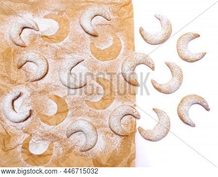 Traditional German Or Austrian Vanillekipferl Vanilla Kipferl Cookies Isolated On White Background