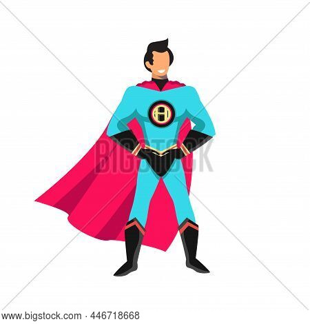 Superheroes Characters Wearing Colorful Costumes In Actions. Hero Smile, Male Super Hero Vector Char