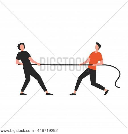 Two Men Pulling Opposite Ends Of Rope, Business Competition Concept, Rivalry Between Colleagues. Bus