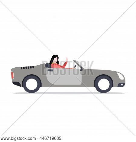 Woman Driving Car Sitting At Driver Seat Of Motor Vehicle Vector, Cabriolet Illustration