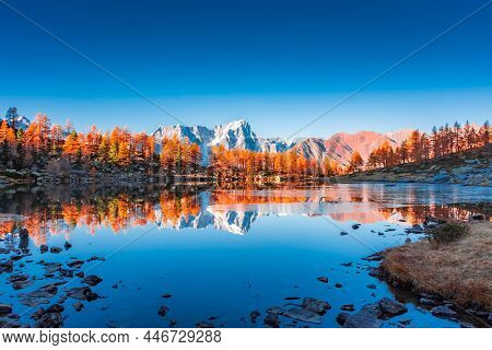 Beautiful Reflection Of Monte Rosa (italian Alps) Over Lake Arpy In Autumn Foliage Italy