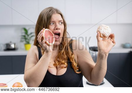 Concept Of Healthy Eating, Body Care. Lovely Girl Makes A Choice Between Sugar And Fruit. Tasty Vita