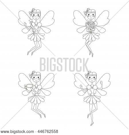 Fairy Princess With Butterfly Wings Set Monochrome Illustration For Children Coloring Page Stock Vec