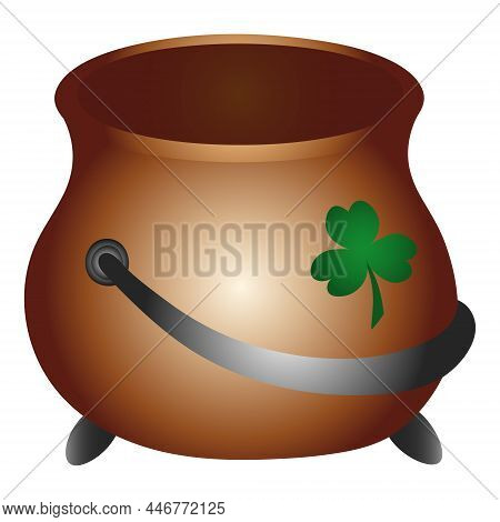 Cauldron For Gold. Decorated With A Three-leaf Clover. Empty. Color Vector Illustration. Isolated Ba