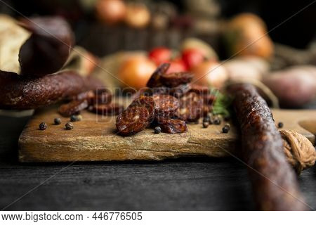 Smoked, Aged Sausages With Fresh Vegetables And Food Ingrediets