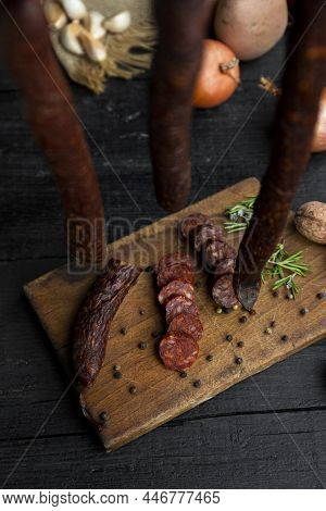 Smoked, Aged Sausages With Fresh Vegetables And Food Ingrediets