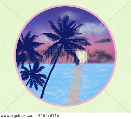 Abstract Illustration With Seascape, Sunset With The Palms On Colourful Background. Ocean Tropical L