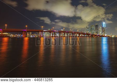 Florida Miami Night City. Usa Downtown Skyscrappers Landscape, Twighlight Town.