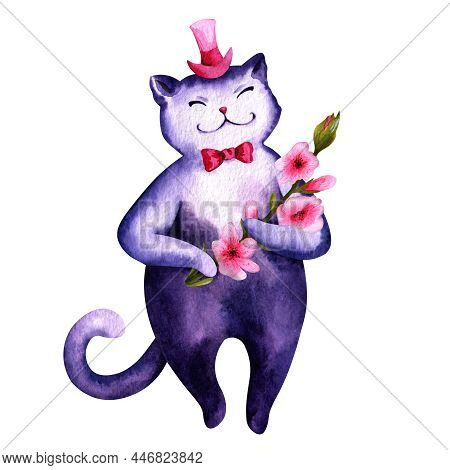 Cat Gentleman Watercolor Hand Drawn Cartoon Illustration For Greeting Cards, Invitations, Valentines