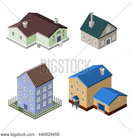 Residential House Isometric Buildings Real Estate Decorative Icons Set Isolated Vector Illustration