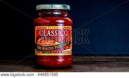 NORWALK, CT, USA - JANUARY 20, 2022: Classico fire roasted pizza sauce glass jar with text  space