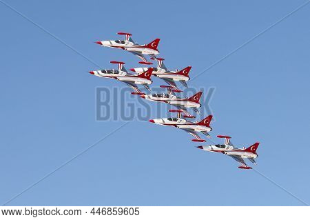 Eskisehir, Turkey - September 12, 2021: Turkish Stars, Turkish Air Force Aerobatic Demonstration Tea