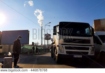 Bucharest, Romania - January 14, 2022: Chimney Of Cet Progresul Power Plant, Pollute With Smoke From