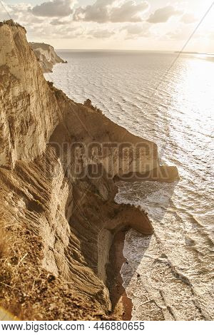 View Of Logas Beach And The Amazing Rocky Cliff In Peroulades. Corfu Island. Greece