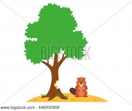 A Brown Beaver Gnaws A Tree To Make A Dam On The Rivers. Flat Vector Illustration.