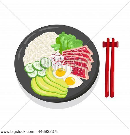 Tuna Poke Bowl Illustration Hawaiian Cuisine. Vector Stock Illustration Isolated On White Background