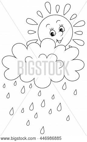 Cute Friendly Smiling Sun And A Rain Cloud With Falling Raindrops, Black And White Outline Vector Ca