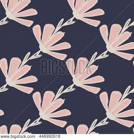 Nature Seamless Pattern With Pale Pink Daisy Ornament. Purple Dark Background. Botanic Print.