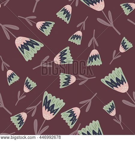 Random Seamless Nature Pattern With Simple Flower Elements. Vine Colored Background.