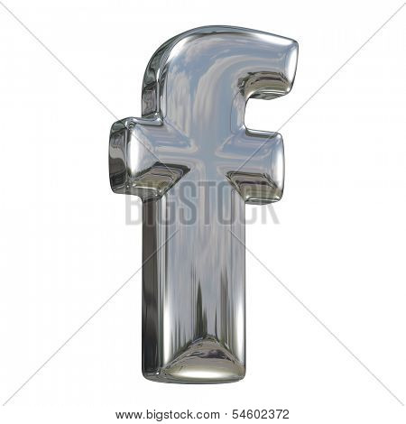 Metal polished glossy lovercase letter f from chrome solid alphabet isolated on white