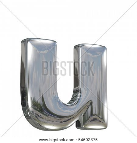 Metal polished glossy lovercase letter u from chrome solid alphabet isolated on white