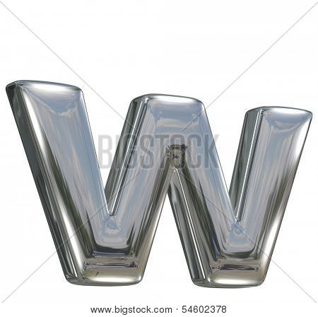 Metal polished glossy lovercase letter w from chrome solid alphabet isolated on white
