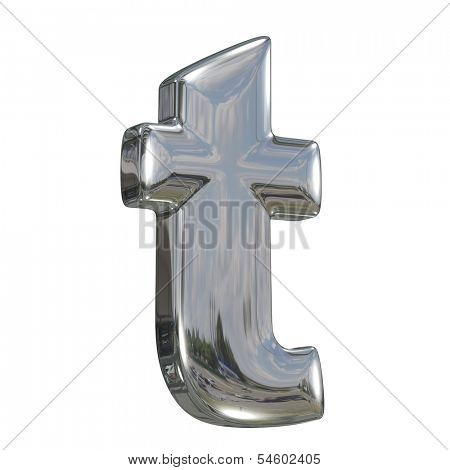 Metal polished glossy lovercase letter t from chrome solid alphabet isolated on white