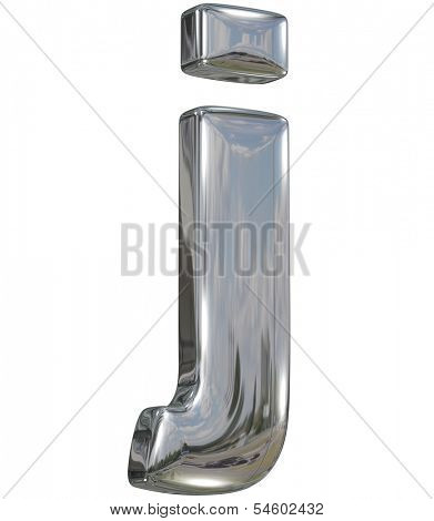 Metal polished glossy lovercase letter j from chrome solid alphabet isolated on white