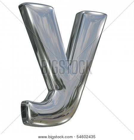 Metal polished glossy lovercase letter y from chrome solid alphabet isolated on white