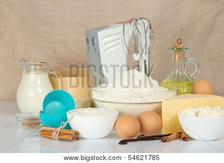 mixer and ingredients for baking