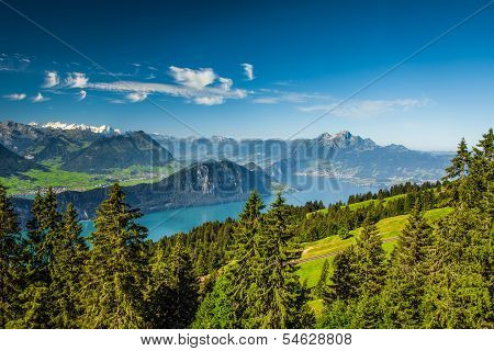 Beautiful View To Lucerne Lake (vierwaldstattersee ) And Mountain Pilatus From Rigi, Swiss Alps
