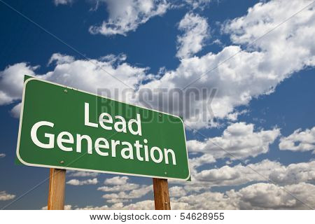 Lead Generation Green Road Sign with Dramatic Sky and Clouds.