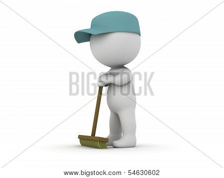 3D Man Janitor waiting leaning on broom