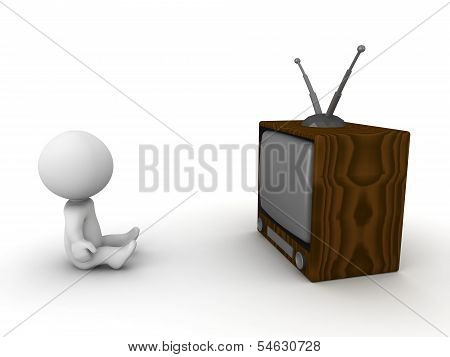 3D Man sitting in front of retro TV