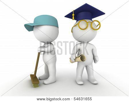 3D Men dressed as janitor and as graduate