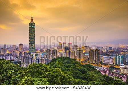 Modern office buildings in Taipei, Taiwan at dusk.