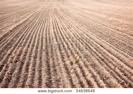 Furrows In A Field After Plowing It.