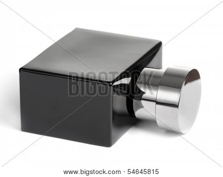 Black perfume bottle isolated on white background