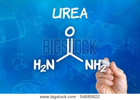 Hand with pen drawing the chemical formula of urea