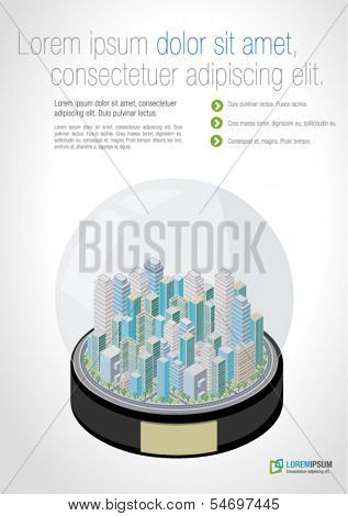 Snow globe with a cartoon isometric city with buildings 