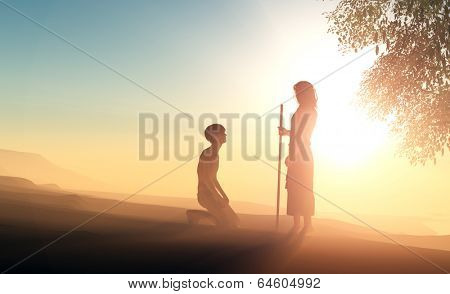 Silhouette of a man on his knees before Jesus.