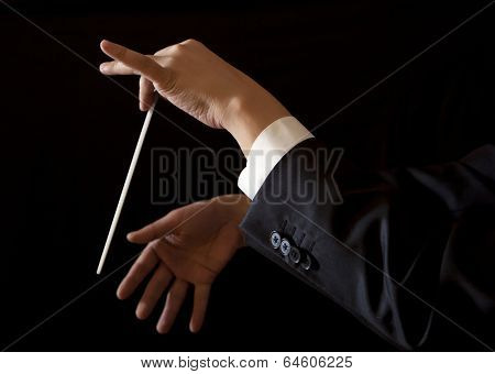 Orchestra conductor hands baton. Music male director holding stick