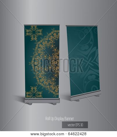 Roll-up display with stand banner template design, vector illustration. 