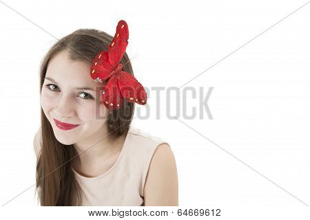 Portrait Of A Girl With A Butterfly On Her Head
