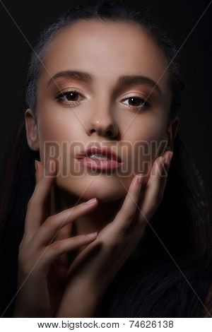 Sentiment. Affectionate Woman Touching Her Face