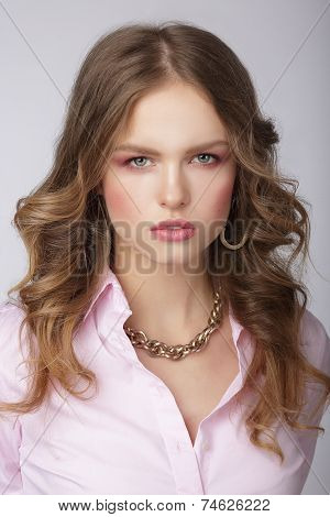 Stylish Woman In Pink Blouse With Massive Chainlet