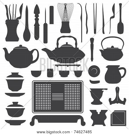 tea ceremony equipment silhouette set