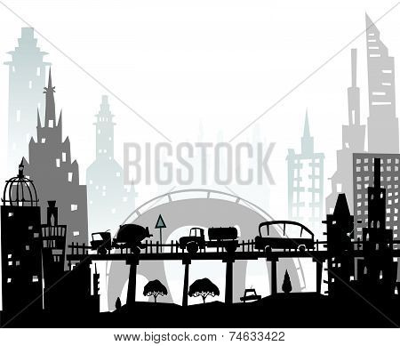 City roads and motorways with lots of traffic. Commuting time illustration